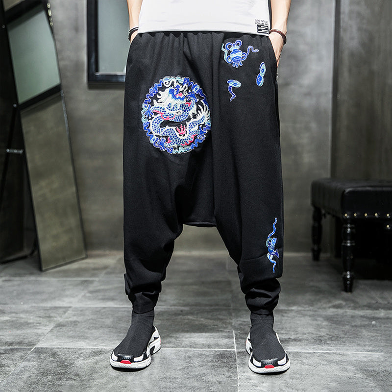 Autumn Country ChaoLong Embroidery Casual Pants Loose Plus Fat Plus Size Straight Tube Low Crotch Span Pants