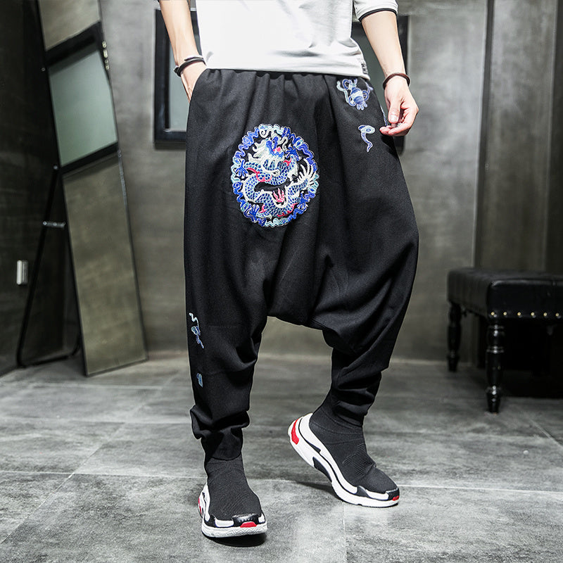 Autumn Country ChaoLong Embroidery Casual Pants Loose Plus Fat Plus Size Straight Tube Low Crotch Span Pants