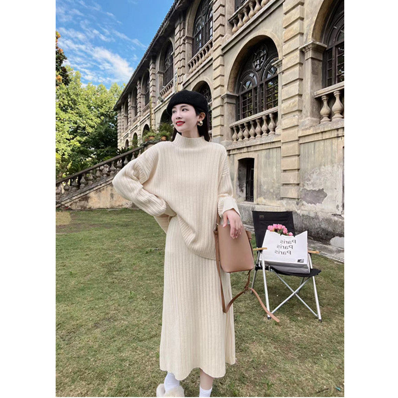 Autumn And Winter New Half Turtleneck Sunken Stripe Loose-fitting Women's Sweater Dress