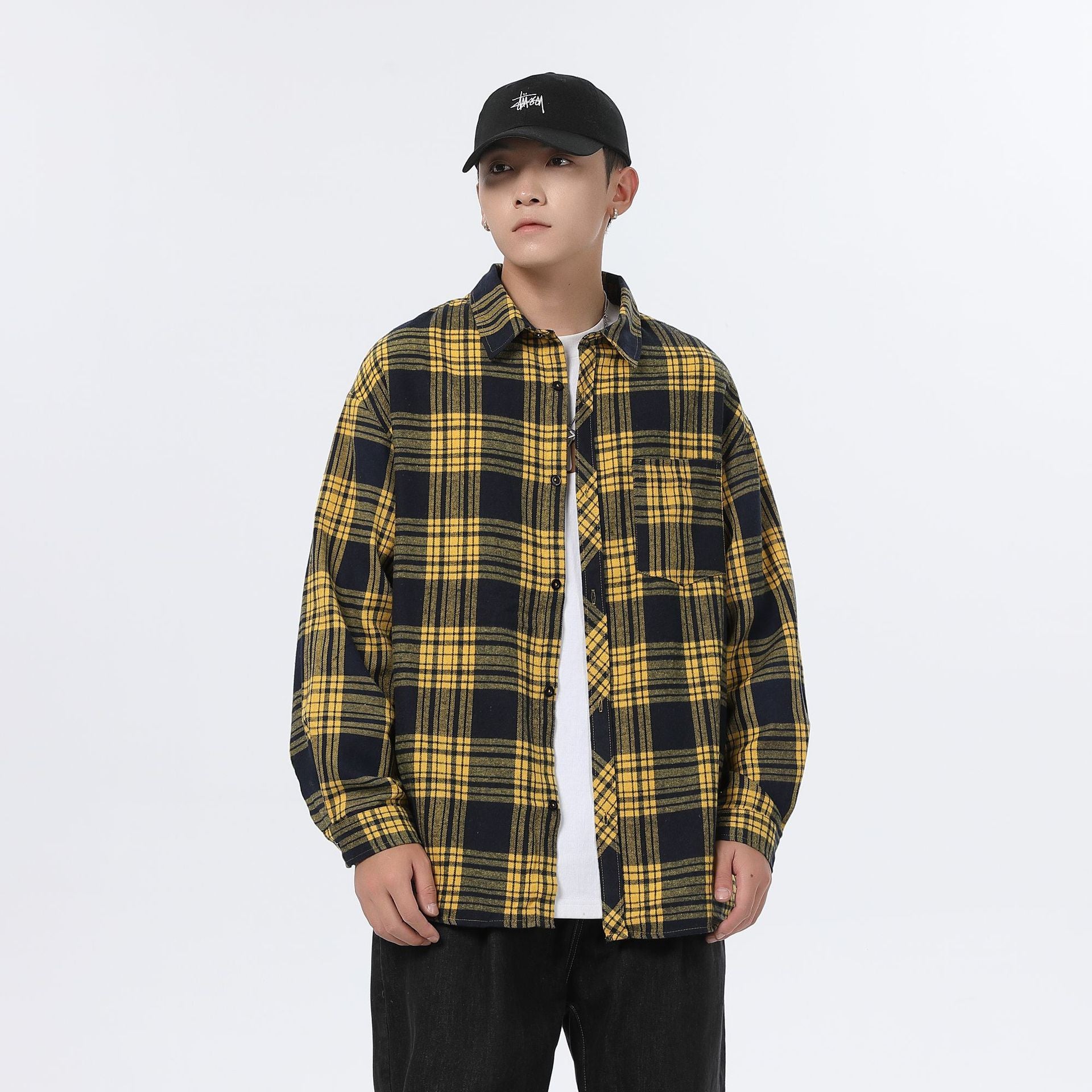 American Retro Plaid For Men Spring And Autumn Loose Casual Bottoming Shirt Coat